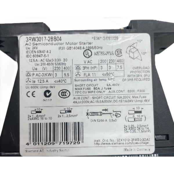 SIEMENS 3RW3017-2BB04 SIRIUS SOFT STARTER S00 12.5 A, 5.5 KW/400 V, 40 °C 200