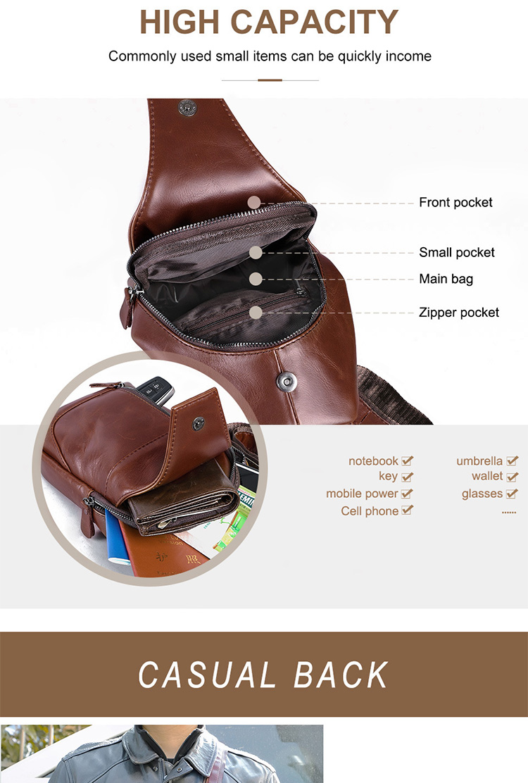 Comfortable and Durable Cowhide Leather Men's Cross Body Chest Bag for All Seasons