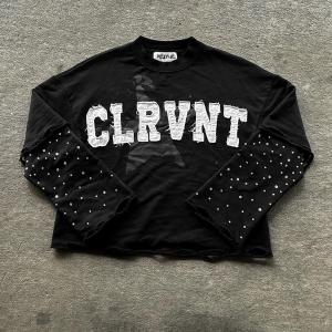 Wholesale Custom Sweatshirt Rhinestone Distressed Unisex Embroidered Long Sleeve Double Layered Oversized T Shirt Heavyweight for Men from china suppliers