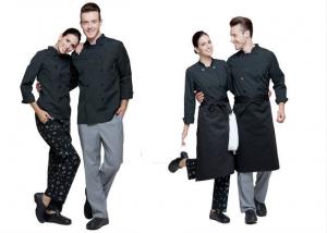 Print Logo Black Chef Uniform Full Length Vertical Pattern Design With Double Breasted Stripe