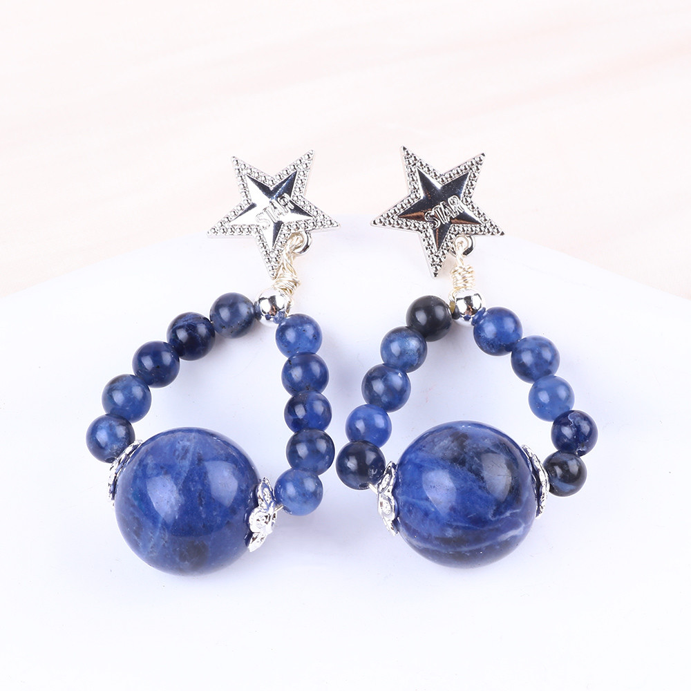 Handmade Crystal Stone Earrings Sodalite Gemstone Beaded Star Charms Pendant Earrings