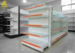 White Color Supermarket Steel Racks Glass Shelf Advertising Upright