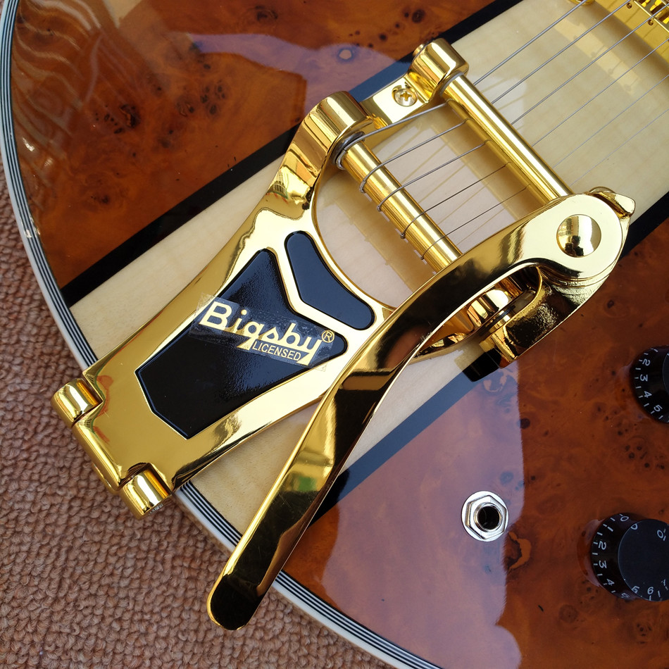 Hollow body jazz 335 electric guitar, Maple top gold hardware electric guitar with Tremolo system, free shipping