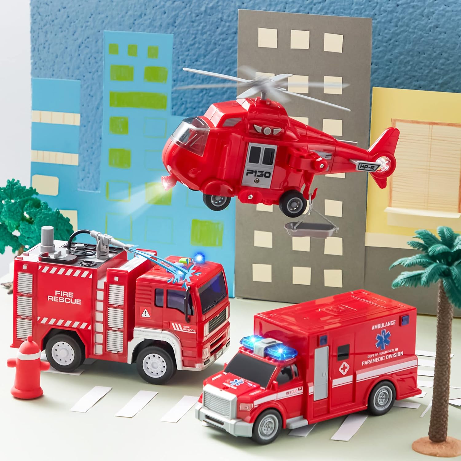 Battery-Free Friction Toy Toddler Truck Fire Engine Emergency Vehicle for Kids Age 3-9