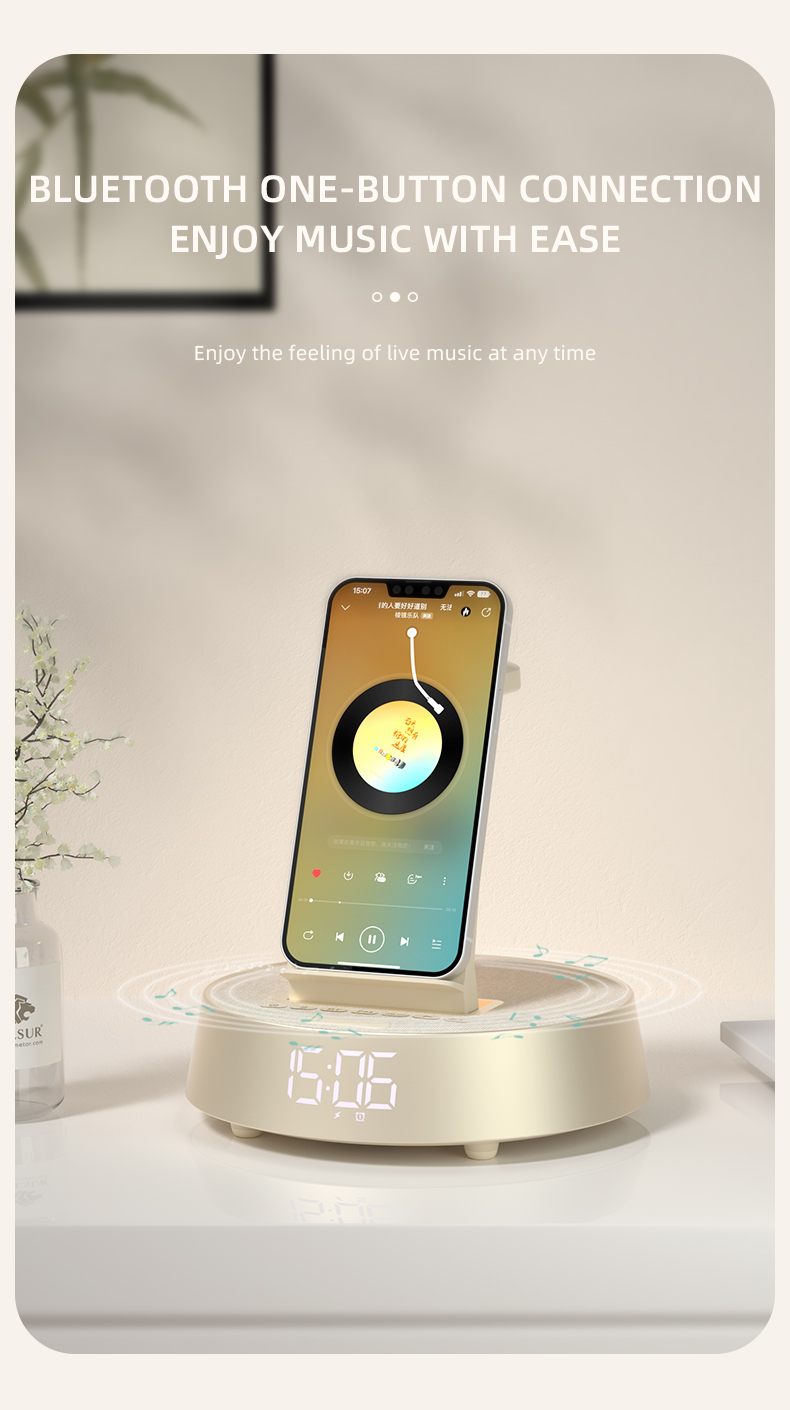 15W Fast Wireless Charger and Multi-Function Alarm Clock 6-in-1 for Mobile Phone
