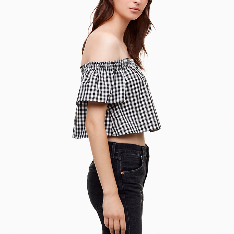 Latest Clothing Ladies Fashion Summer Top Cotton Plaid Off Shoulder Blouse for Women