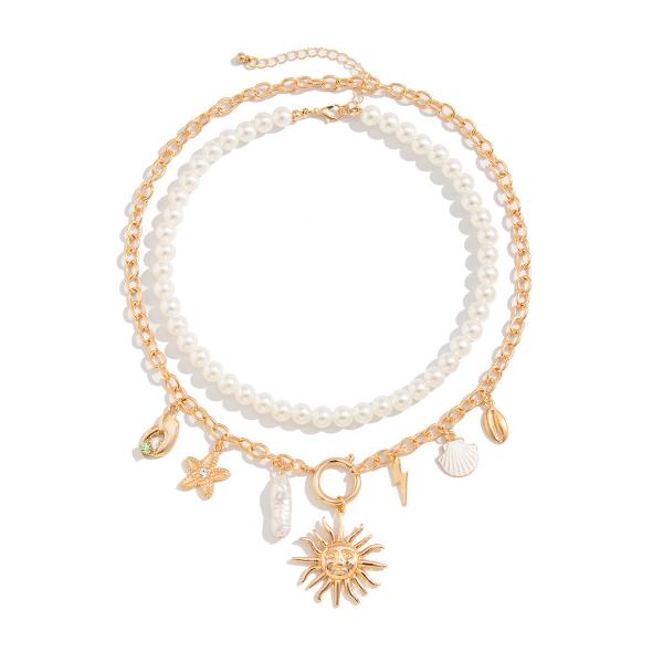 Boho Two Packs Lighting Pendant Pearl Chain Necklace in Round Shape with Rose