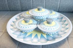 Wholesale 45cm Set of five spun stainless steel bowl and tray blue color kitchen serving bowl set with round tray from china suppliers