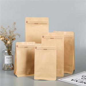 Wholesale Food Grade kraft paper stand up coffee bag with valve and flat bottom aluminum foil inside and zipper top from china suppliers