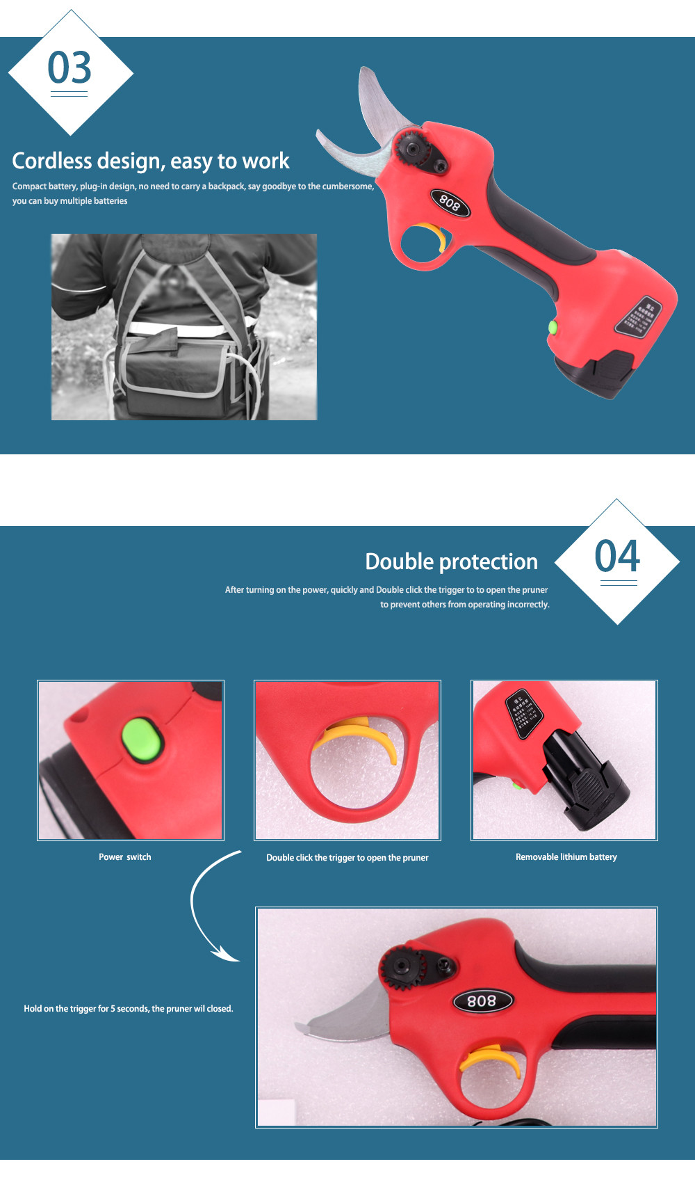 Swansoft 2.5CM Battery Orchard Pruner Cordless Electric Hedge Trimmer Portable Pruning Shears of 25mm Cut Size