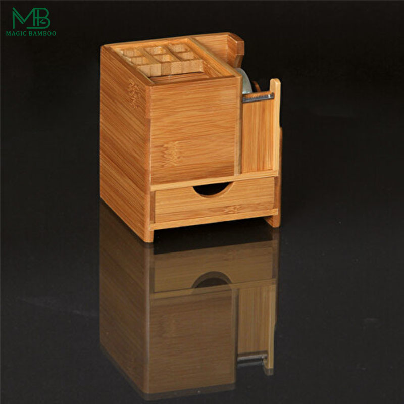 Bamboo Multifunctional Pen Holder With Drawer And Tape Cutter