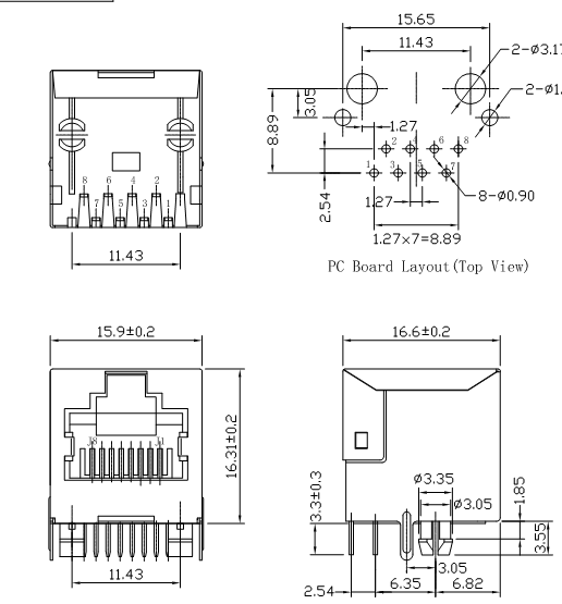 Cat6 RJ45 Single Port , LPJE812DNL Shielded Without LED For PCB