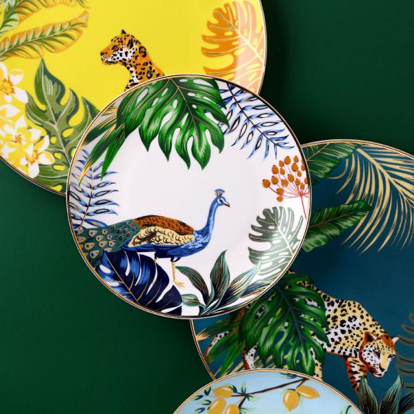 Jungle Animal Pattern Ceramic Plate Set Round European Style For Home Party