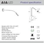 IP40 wall mounted bedside wall reading light USB 3W hotel &gooseneck led reading