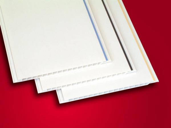 White polished PVC ceiling panels with decorative line , room pvc ceiling boards