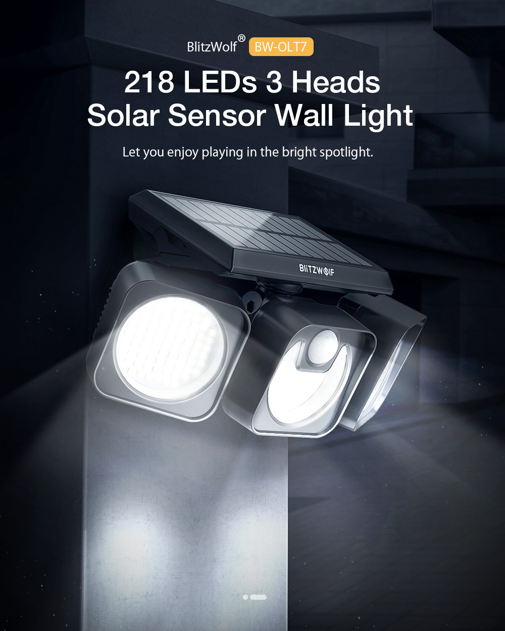 218LED 3 Heads 650lm Solar Power LED Lamp 1.3W IP64 Waterproof Wall Light