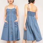 Summer chambray midi linen dress with a fit & flare silhouette and a button up