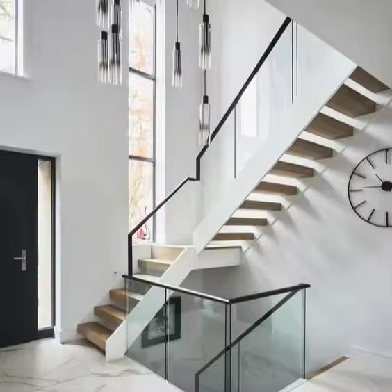 Modern Indoor Straight Stairs Floating Iron And Steel Staircase With Wood Tread
