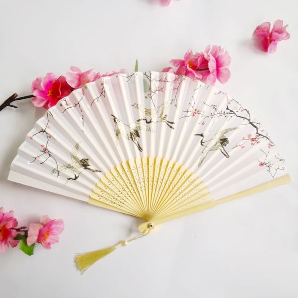 Wholesale Custom Logo Printed Bamboo Folding Fan 21CM(8.27in) Hand Crank Fan with Bamboo and Silk Material
