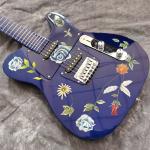 Handmade Painting Flowers on Body Blue Fingerboard and Head Electric Guitar