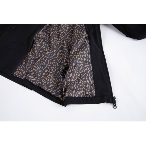 Black waterproof hooded parka jacket detail showing printed lining