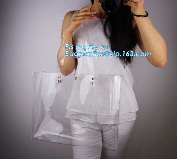 patch handle pe die cut large clear plastic bags with your own logo, pvc tote bag with leather handles tote bag PVC hand