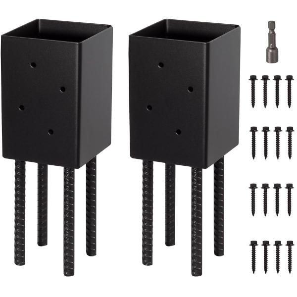4x4 Post Base Holder Ground Spike Use for Concrete Deck - Post Anchor Brackets Metal Black Powder Coated 4 Inches x 4 Inches (Inner Dia 3.5x3.5) 4