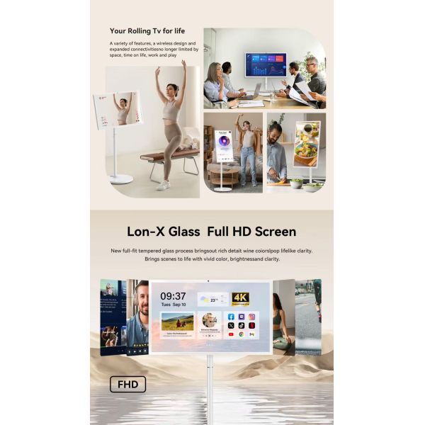 LCD Touchscreen Portable Smart TV Stand Waterproof Rechargeable with Wheels