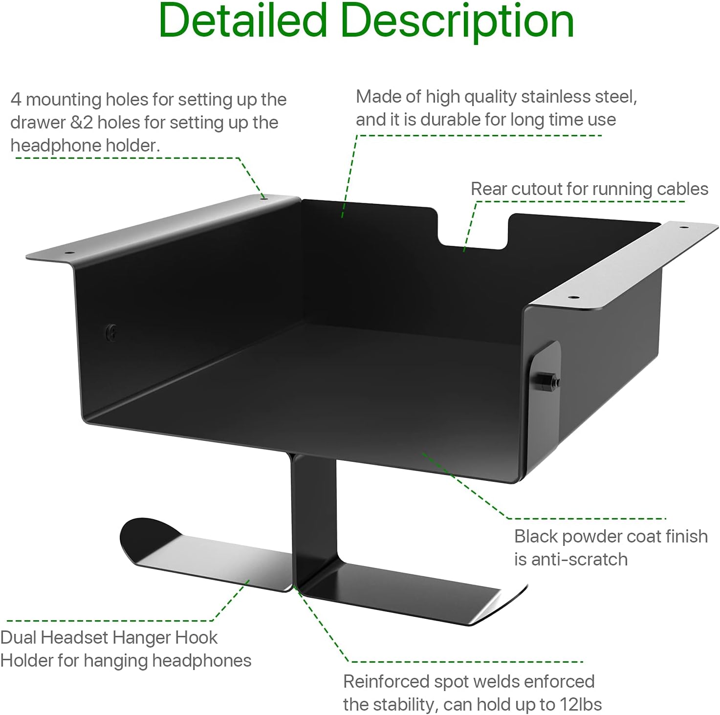 Space Saving Under Desk Storage Shelf with Dual Headset Hanger Hook and Hidden Drawer