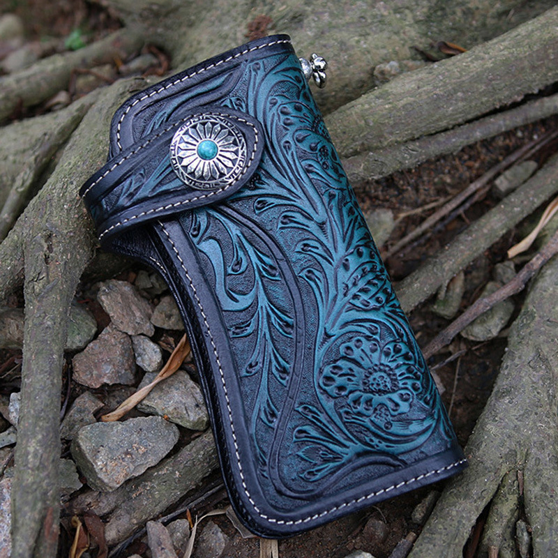 Custom Logo Embossed Biker Wallet Chain for Men's Biker Style in Genuine Leather