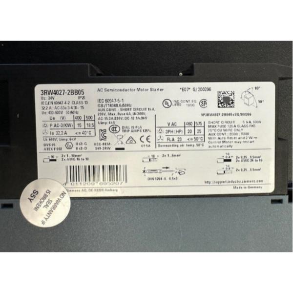 SIEMENS 3RW4027-2BB05 SIRIUS SOFT STARTER S0 32 A, 18.5 K KW/500 V, 40 °C 400