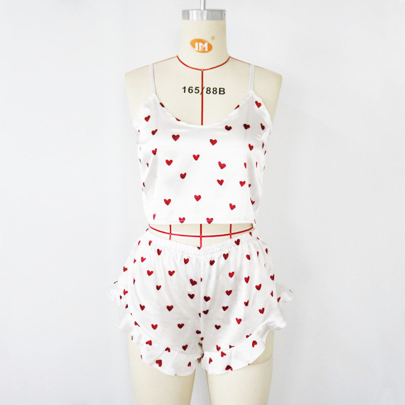 Sweet Cute Sleeveless Short Nighty Sets Sexy Soft Satin Heart Pajama For Women
