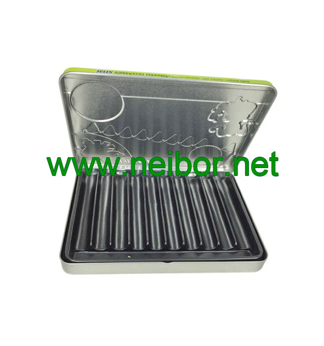 10pcs wax crayons packaging tin box with plastic tray and hinged lid