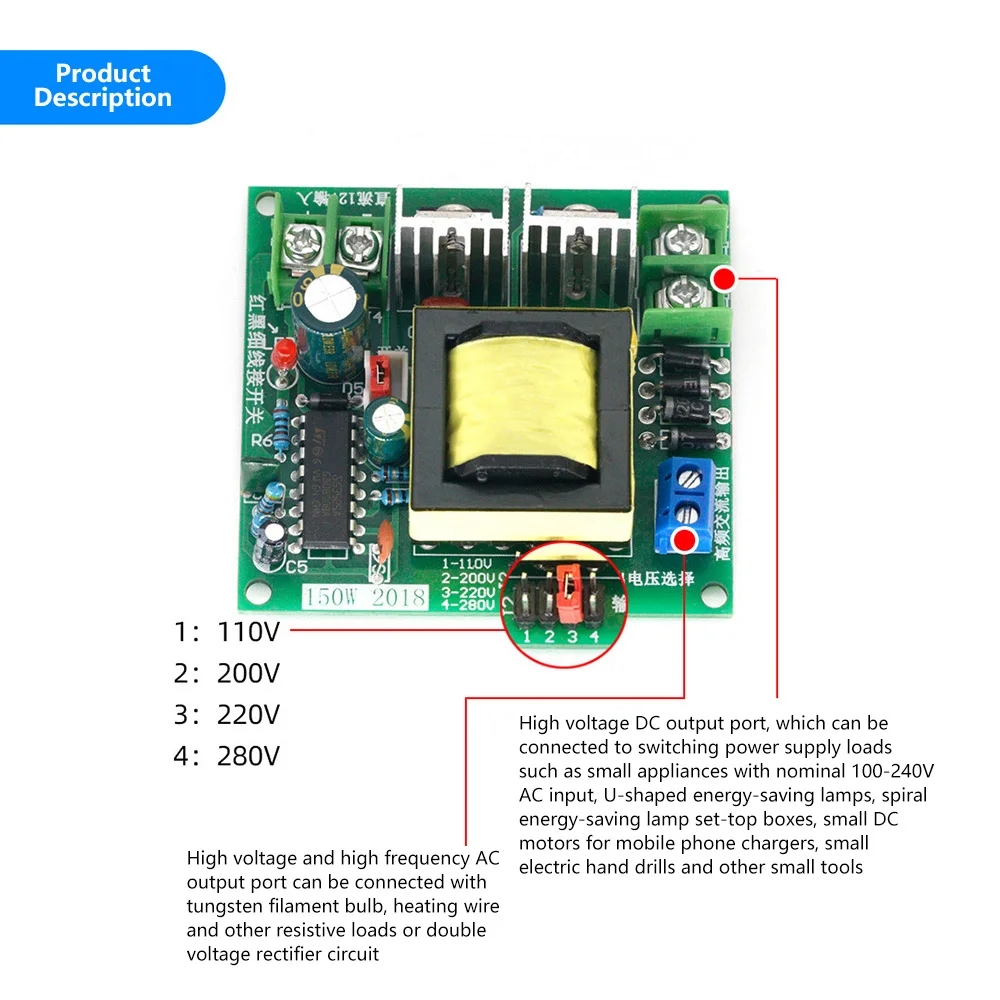 12V To 110V 200V 220V 280V 150W Inverter Boost Board Transformer for Battery Inverter