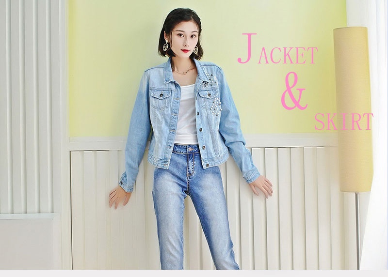 Blue Washed Ripped Ladies Fitted Denim Jacket With Pearls Slim Fit Style