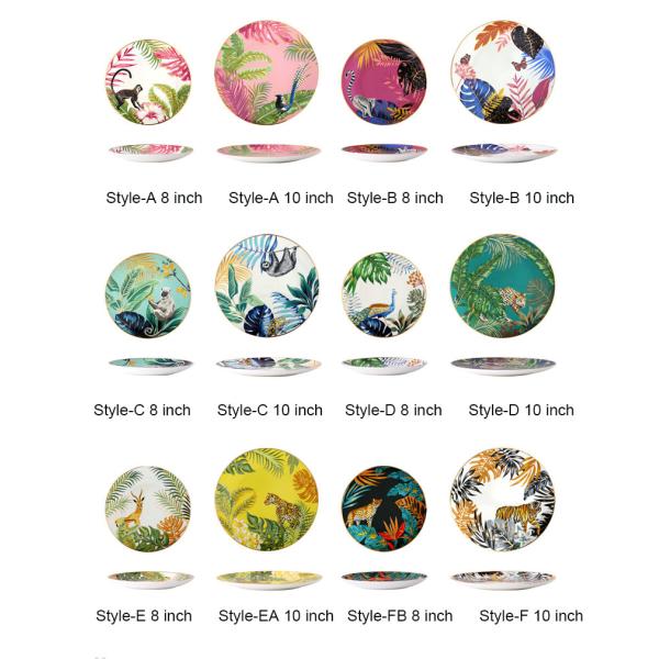 Jungle Animal Pattern Ceramic Plate Set Round European Style For Home Party
