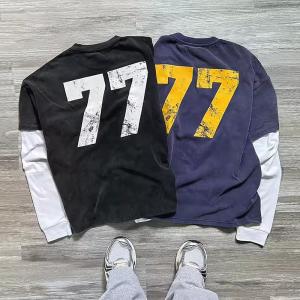 Wholesale Custom Double Layer Long Sleeve Tshirt Print Logo Graphic Tee Acid Wash Sun Faded Heavy Cotton OverSized Boxy T Shirts for Men from china suppliers