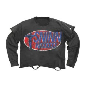Wholesale Custom Long Sleeve T Shirts Vintage Washed Ripped 250Gsm T-Shirt Double Layer 100 Cotton from china suppliers