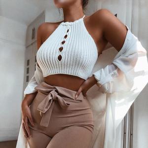 Wholesale Ladies Casual Halter Neck Cropped Knitted Sleeveless Vest Slim Fit Backless from china suppliers