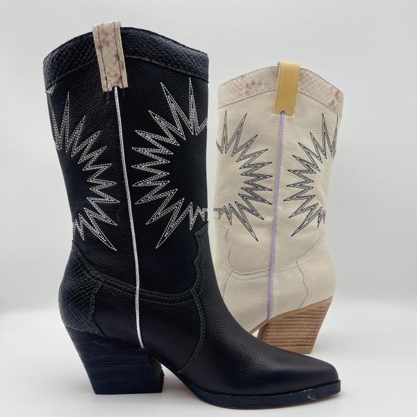 soft lychee grain leather Womens Dress Boots with sun embroidery pattern，Square