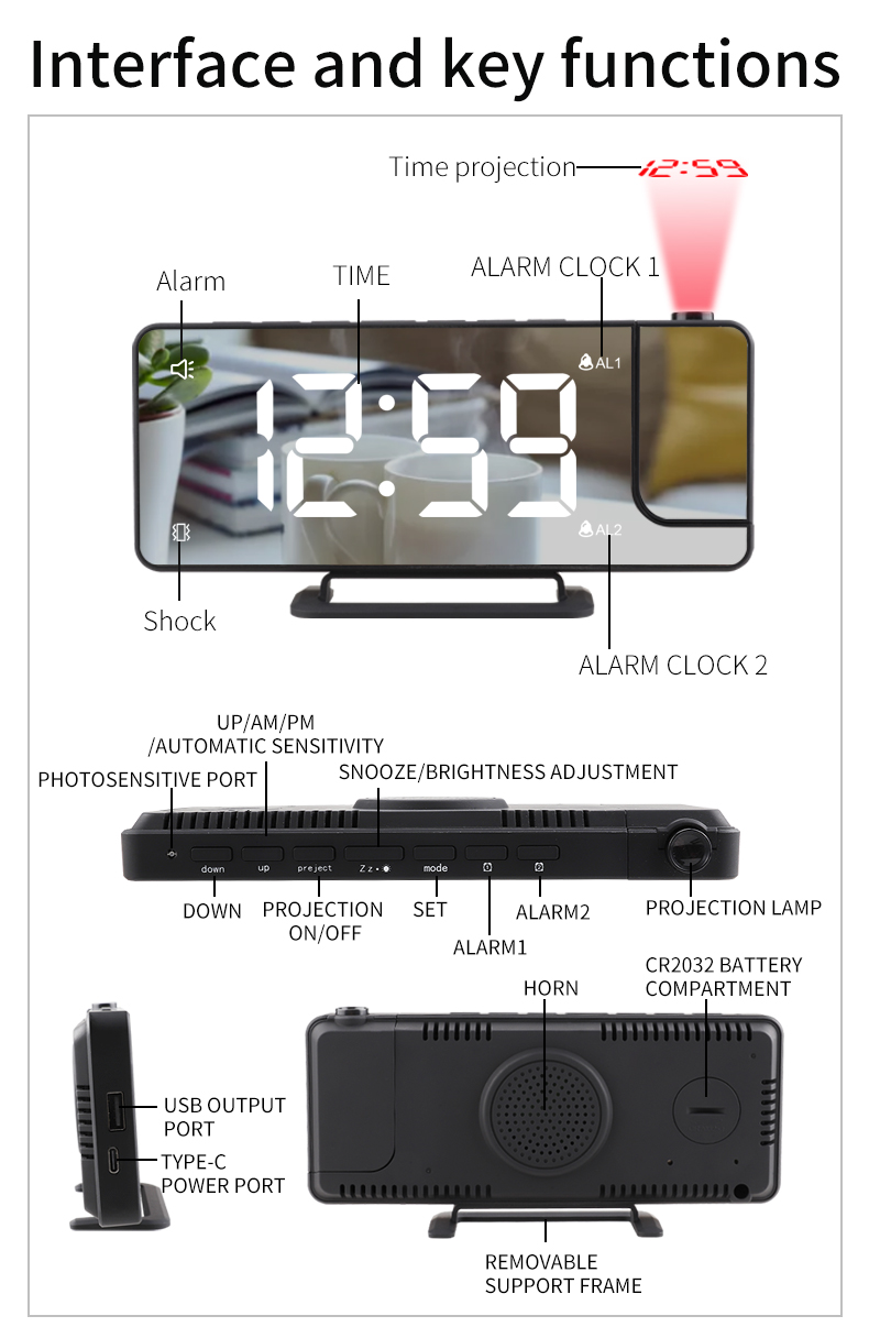 Smart LED Laser Ceiling Room Thermometer Digital Projection Alarm With Radio And Weather Station
