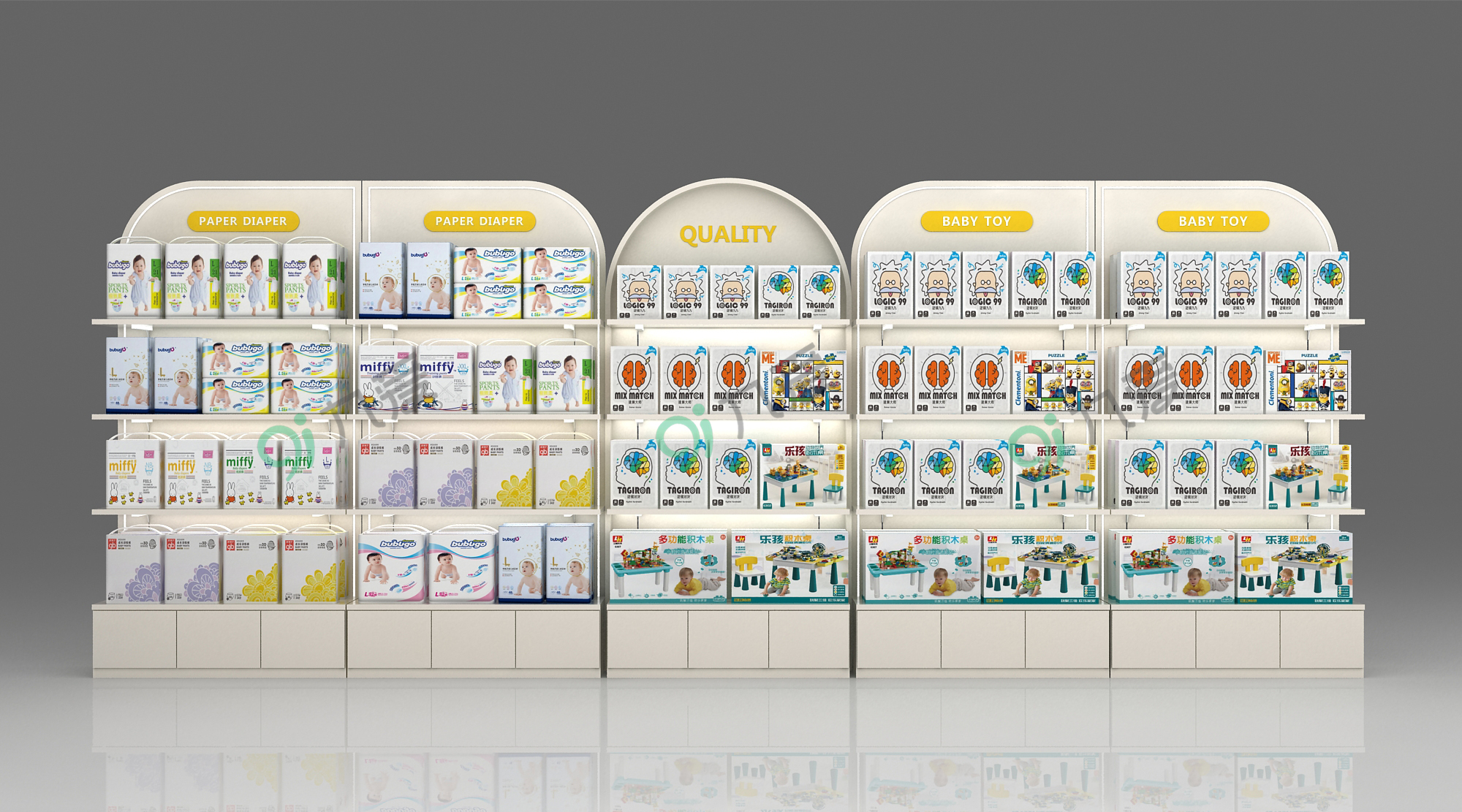 Mom & Baby Display Showcase Curved Paper Products Cabinet Baby Display Shelf for Maternity Shop Interior Design