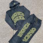 Vintage Distressed Patch Applique Embroidery Hoodie Set with Customizable Color