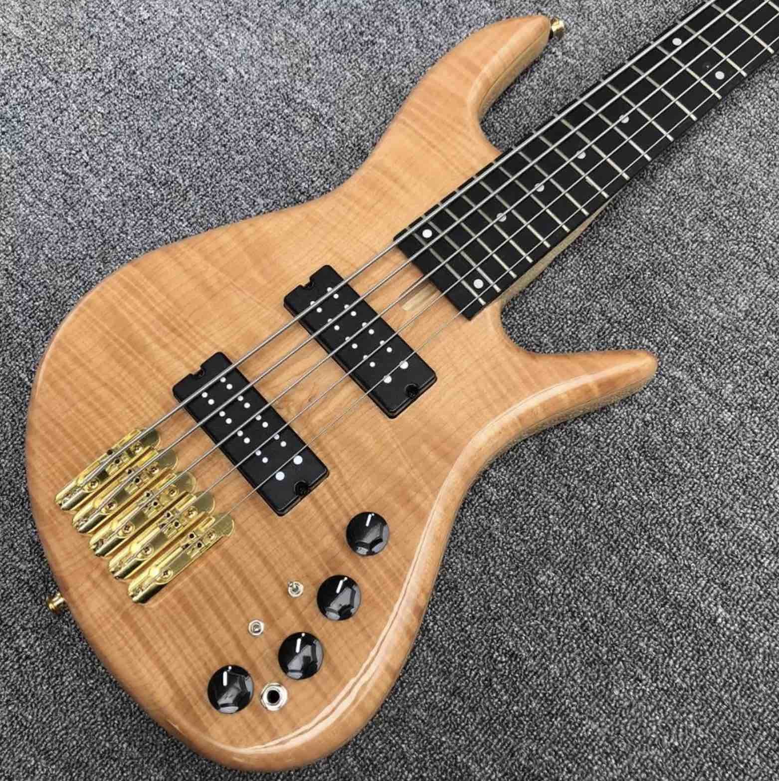 Solid Flame Maple Top 5 Strings Bass Guitar Ebony Fingerboard Custom Gold Hardware Ash Wood Electric Bass