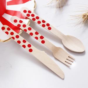 Wholesale Eco Friendly 160MM Red Dots Wooden Cutlery Knife Fork Spoon Uensils Set from china suppliers