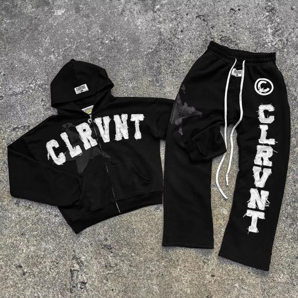 Autumn Mens Streetwear Sweatsuits Two Piece Track Set Applique Distressing