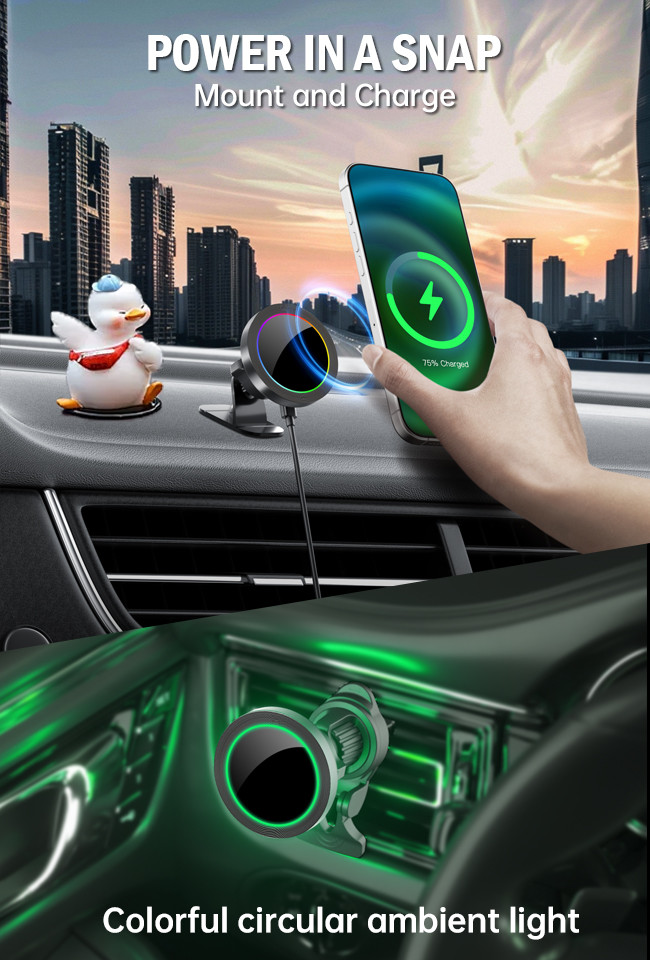 Aluminium Alloy Texture 15w Wireless Charger For Car Phone Holder With Hidden Light Off Function