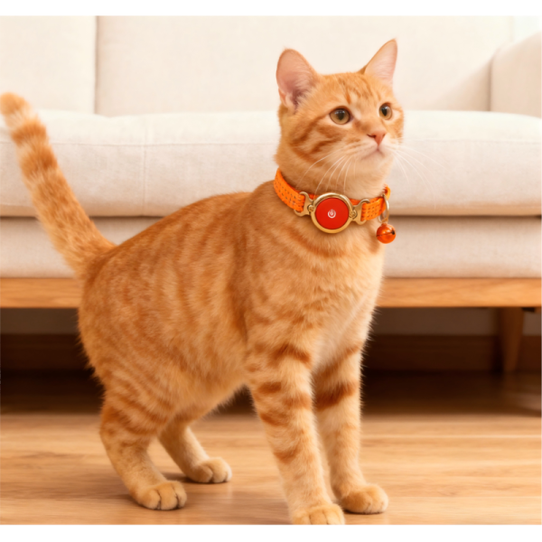 Adjustable Rechargeable Waterproof Pet Collar for Dogs Orange Smart Round Power Button Bell Lightweight Webbing