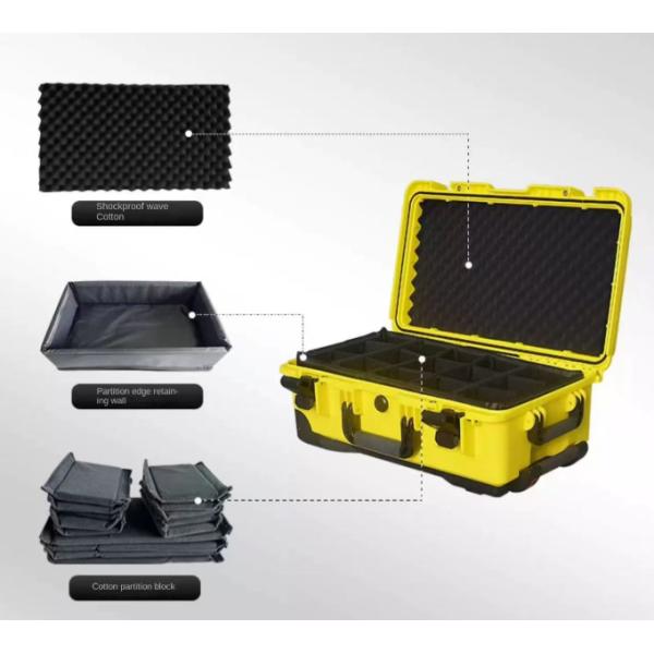 Interior view of camera trolley case showing customizable foam padding