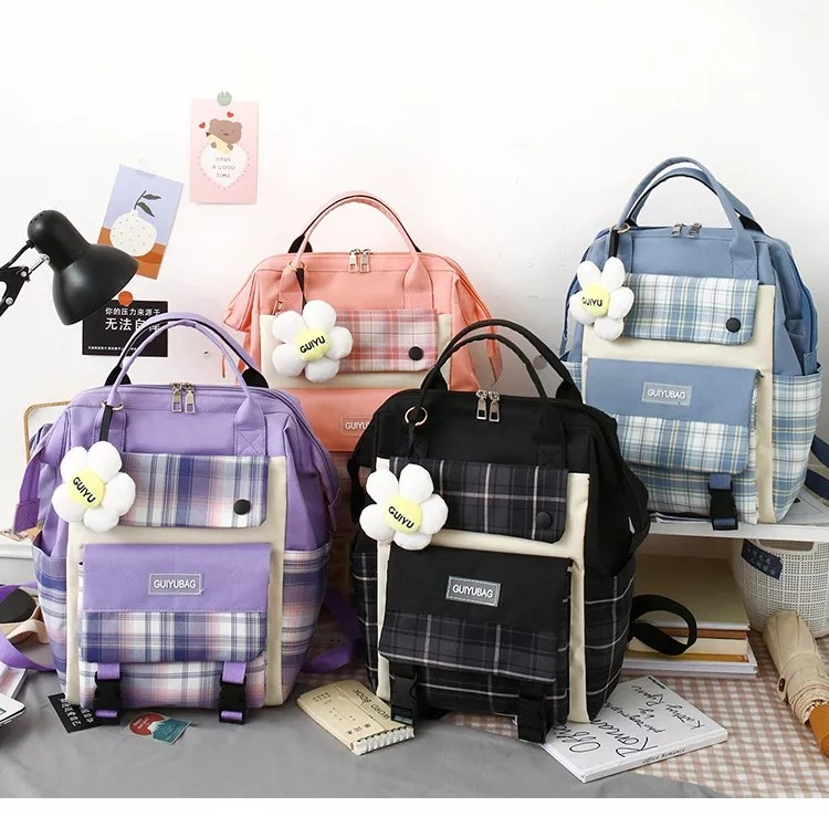 Canvas Girls School Bag Set College Waterproof Cute Book Bag Sets Wallet